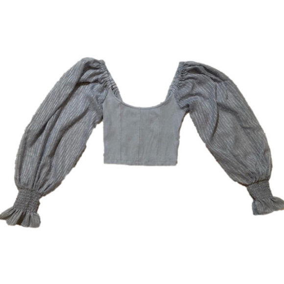 Urban Outfitters Cynthia Clip Dot Sleeve Top Sky Blue Small Puff Ruffle Sleeve - Picture 2 of 9